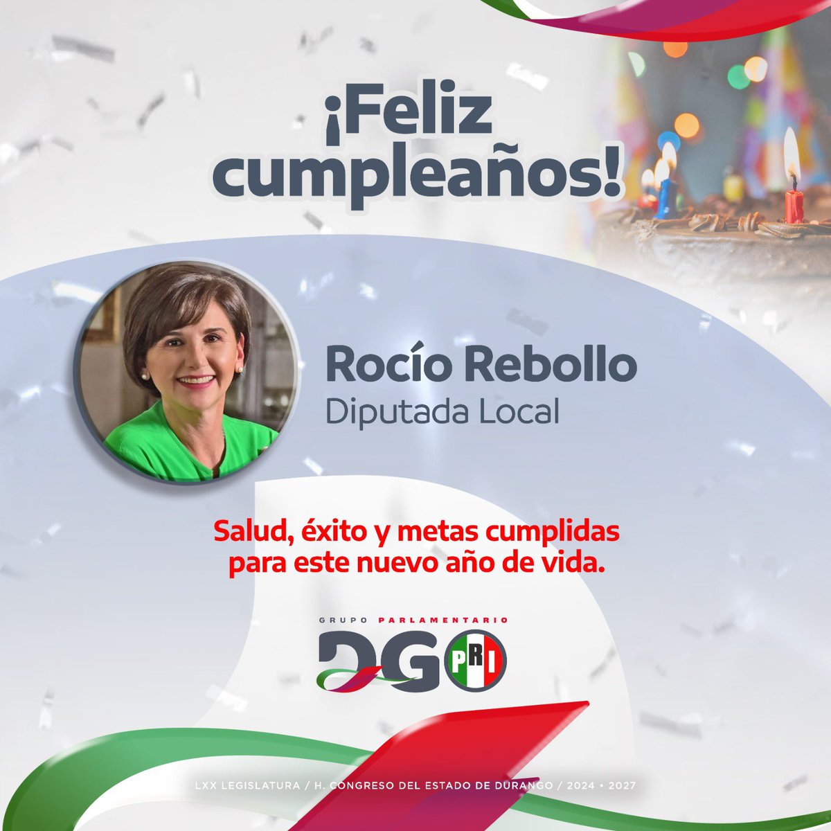 Grupo Parlamentario PRI (@gppridurango) on Twitter photo Con mucho cariño, enviamos un fuerte abrazo a nuestra compañera diputada <a href="/RocioRebolloM/">Rocío Rebollo</a> por su cumpleaños. 🎉🎂
Que este nuevo año de vida llegue lleno de salud, alegrías y grandes logros.
¡Felicidades! 🥳 Con mucho cariño, enviamos un fuerte abrazo a nuestra compañera diputada <a href="/RocioRebolloM/">Rocío Rebollo</a> por su cumpleaños. 🎉🎂
Que este nuevo año de vida llegue lleno de salud, alegrías y grandes logros.
¡Felicidades! 🥳
