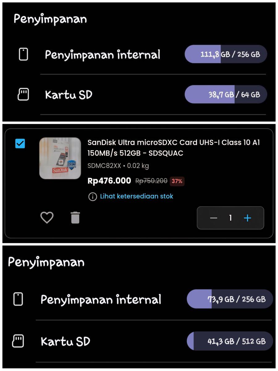 Aku sudah dr tahun 2014 pakai micro SD sandisk 64 GB . 11 tahun kemudian ganti pakai yg sandisk 512 GB garansi resmi 10 tahun. Baik-baik yaaa memori baru di handphone ku 🤑 memori lama ku sudah pindah ke handphone bapakku 😂