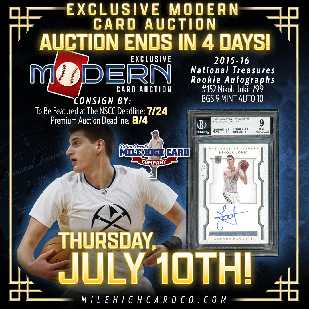 milehighcard's tweet image. Lot #5, featured from our Exclusive Modern Card Auction: This gorgeous, high-grade 2015-16 Panini National Treasures Rookie Autographs #152 Nikola Jokic /99, graded BGS 9 MINT AUTO 10! ππ₯
π¨ BID NOW! π¨
tinyurl.com/2015jokicBGS
βΌοΈ AUCTION ENDS THURSDAY, JULY 10TH!βΌοΈ
#MHCC