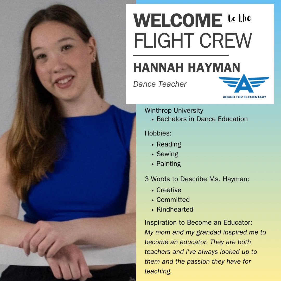 Round Top Elementary (@rteflightstatus) on Twitter photo But WAIT….there’s MORE! Meet <a href="/winthropu/">Winthrop University</a> graduate Hannah Hayman, joining our Flight Crew to teach Dance. ✈️#ECHOco <a href="/RichlandTwo/">Richland School District Two</a> But WAIT….there’s MORE! Meet <a href="/winthropu/">Winthrop University</a> graduate Hannah Hayman, joining our Flight Crew to teach Dance. ✈️#ECHOco <a href="/RichlandTwo/">Richland School District Two</a>