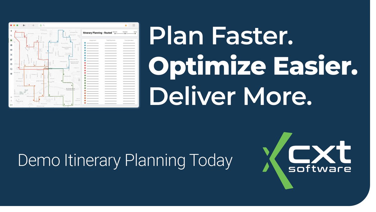 CXTSoftware's tweet image. Tired of last-minute route changes?

Plan your day with confidence using Itinerary Planning. Pre-plan, dynamically adjust, and dispatch optimized routes that save time and miles - and money.

See how it works: bit.ly/3IgRJ9E