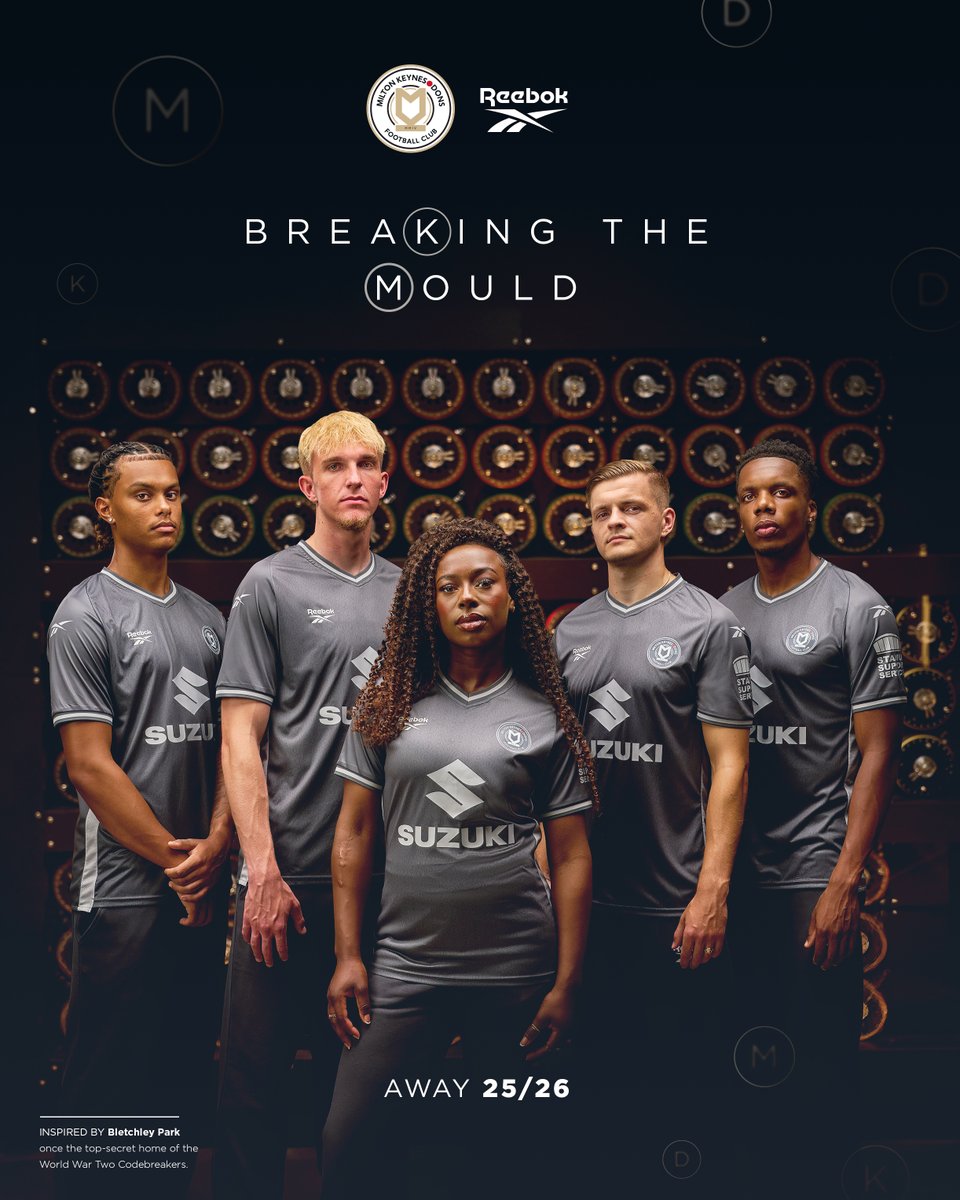 𝗕𝗿𝗲𝗮𝗸𝗶𝗻𝗴 𝘁𝗵𝗲 𝗺𝗼𝘂𝗹𝗱.

#MKDons are delighted to release the official 25/26 Away Kit in collaboration with <a href="/Reebok/">Reebok</a> inspired by the legacy of <a href="/bletchleypark/">Bletchley Park</a> Codebreakers ⚫️

Supporters can pre-order NOW with collection available from Friday 11th July in the Club Shop