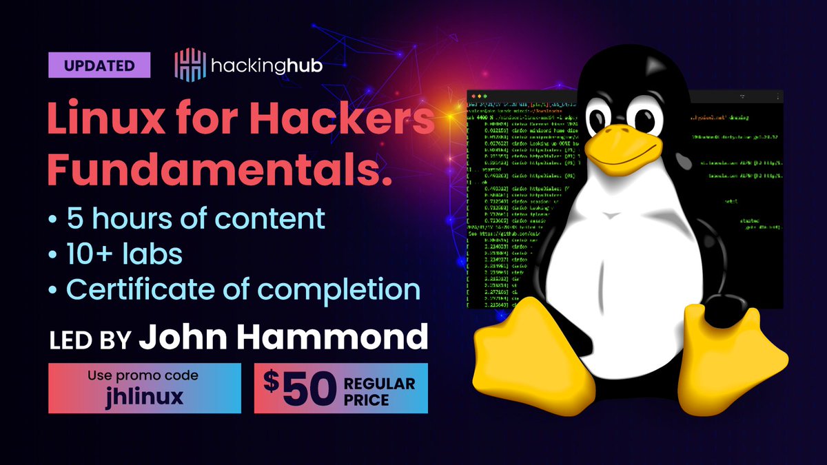 John Hammond (@_johnhammond) on Twitter photo On the <a href="/hackinghub_io/">HackingHub</a> end for the fourth of July festivities, the labs I put together for the Linux For Hackers Fundamentals course are all ready -- and neato code 'jhlinux' gets it for ten dollars off :)
Wowee zowee! Quick link here: hhub.io/jhlinux On the <a href="/hackinghub_io/">HackingHub</a> end for the fourth of July festivities, the labs I put together for the Linux For Hackers Fundamentals course are all ready -- and neato code 'jhlinux' gets it for ten dollars off :)
Wowee zowee! Quick link here: hhub.io/jhlinux