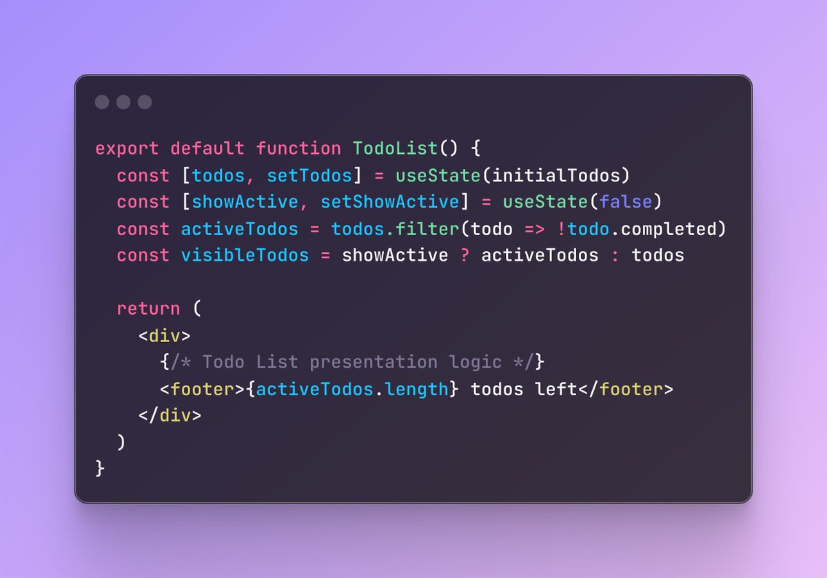 <a href="/aidenybai/">Aiden Bai</a> I worked with an 'experienced' react dev who would always set state values via a useEffect. It was... sobering 🫠

This is how I would approach it, just derive the values. Throw in useMemo if needed, but don't want to pre-emptively over-engineer.