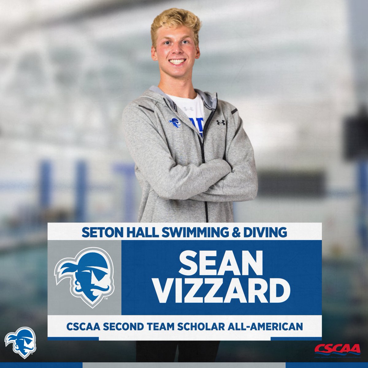 SHUSwimDive's tweet image. Speed โ Smarts ๐ฐ History ๐ดโโ ๏ธ
Congratulations to Sean Vizzard on his third CSCAA Scholar All-American Second Team selection, the most by any Pirate to any CSCAA team in program history!
#HALLin๐ตโช๏ธ