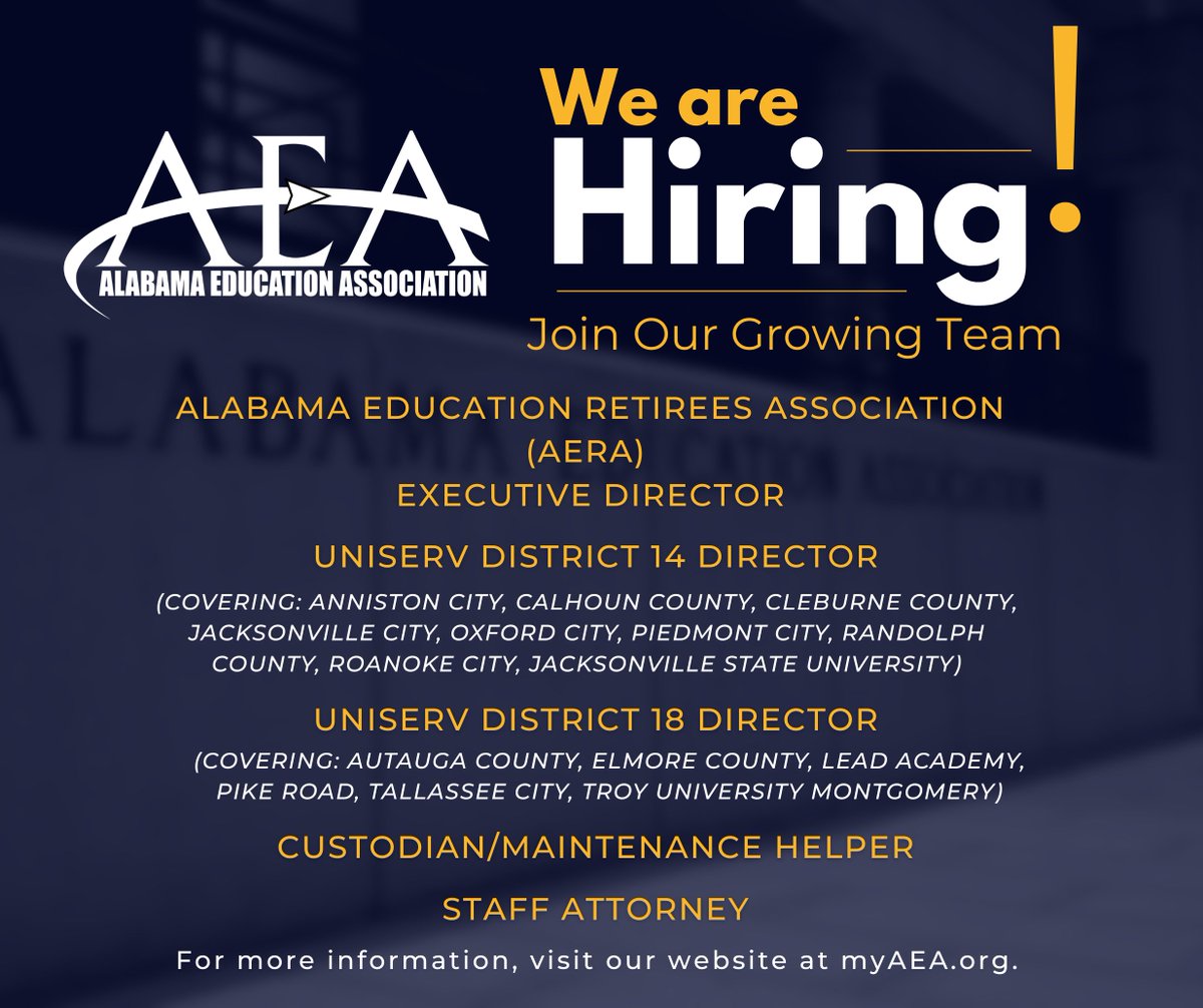 myAEA's tweet image. AEA is looking for dedicated professionals with a passion for educational advocacy! If you&apos;re ready to make a difference in the lives of educators and students across Alabama, learn more and apply at myaea.org/aea-job-postin…. #myAEA
