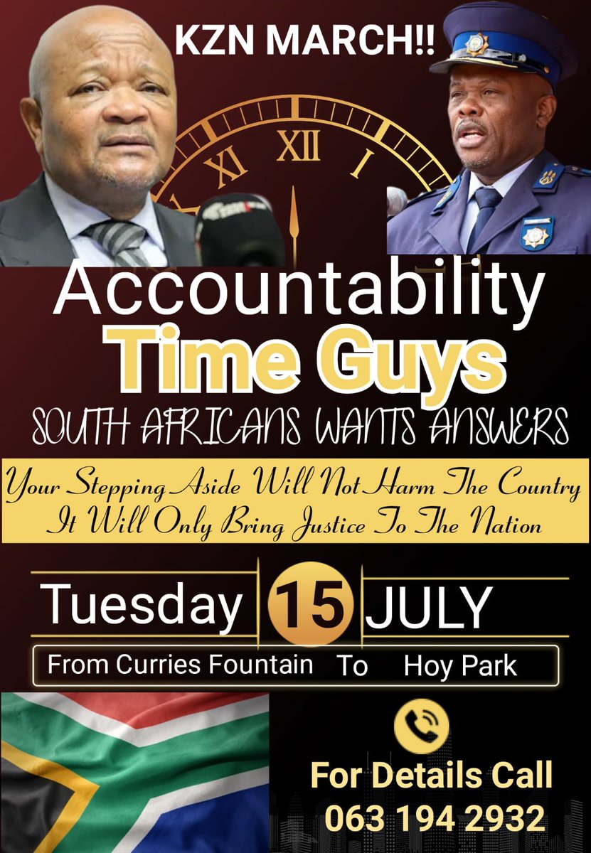 KZN MARCH 

We call upon all patriotic citizens in KwaZulu Natal to join us in a March that calls for accountability.

We are reaffirming our support behind General Nhanhla Mkhwanazi. 

#To hell with Drugs
#To hell with Thugs who misuse our justice system. 
#Mayihlom’ihlasele
