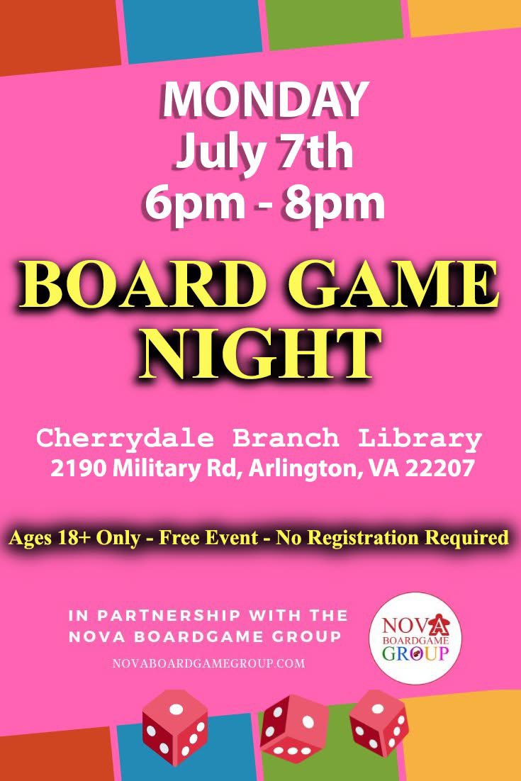 NOVA BoardGame Group (@novaboardgame) on Twitter photo Board Game Night tonight at Cherrydale Library starting at 6pm. Ages 18+ only.
<a href="/ilovearlingtonv/">I Love Arlington VA</a> Board Game Night tonight at Cherrydale Library starting at 6pm. Ages 18+ only.
<a href="/ilovearlingtonv/">I Love Arlington VA</a>
