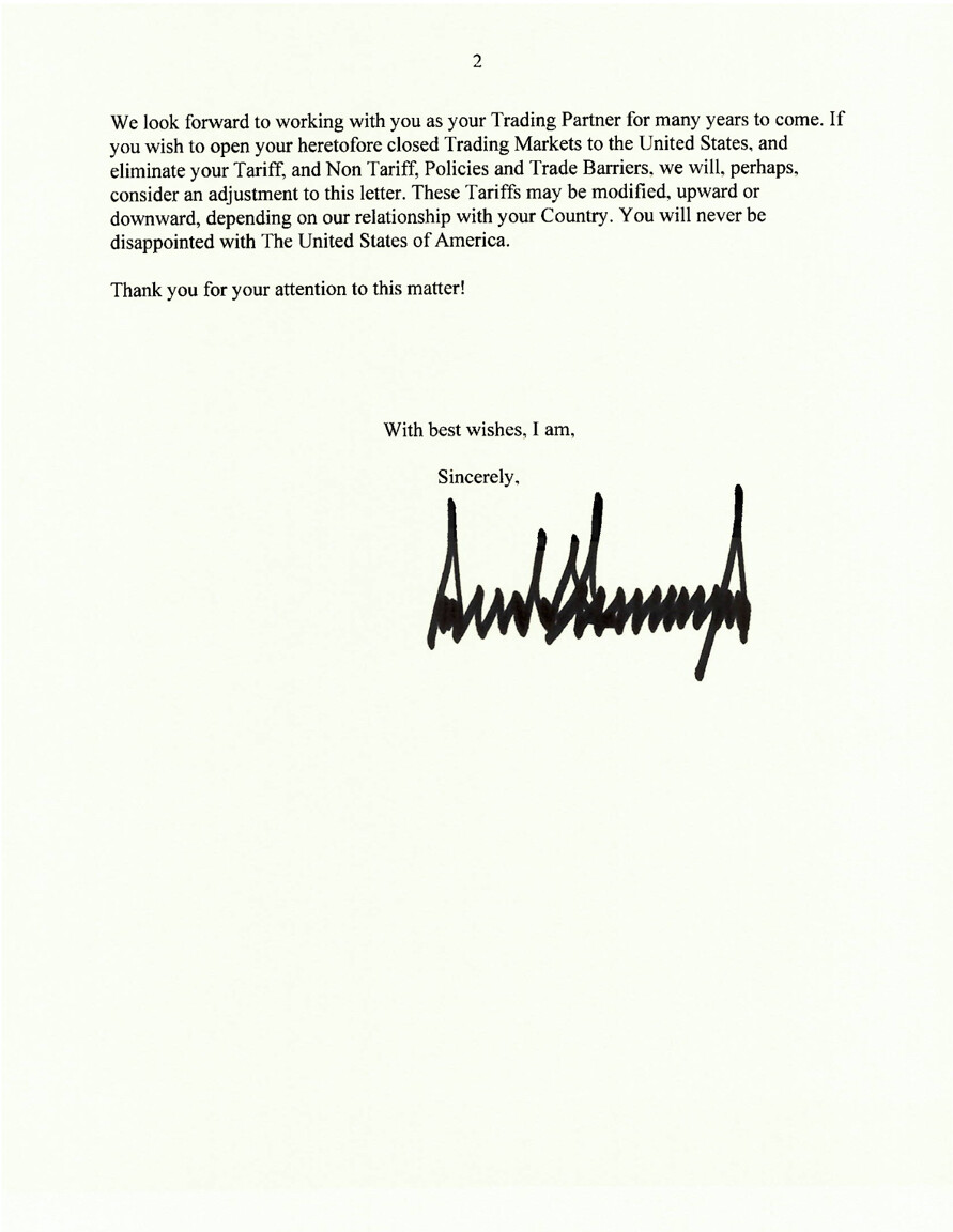 Trump: "These tariffs may be modified, upward or downward, depending on our relationship with your country."