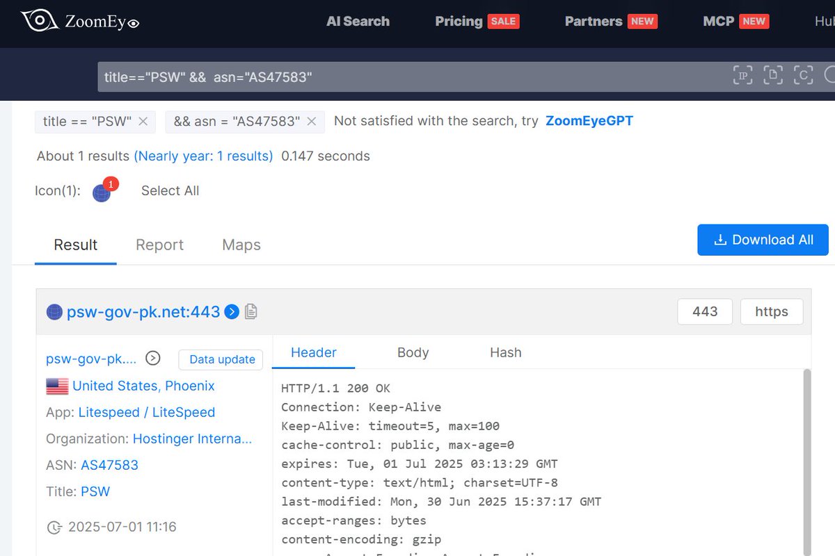 volrant136's tweet photo. #ZoomEye #ThreatHunting | #APT #Sidewinder impersonating Pakistan Single Window (PSW).

Query:  title=="PSW" &amp;&amp;  asn="AS47583"

IoC: 
psw-gov-pk[.]net

@500mk500 @Cyberteam008 @ginkgo_g
@MichalKoczwara @malwrhunterteam @zoomeye_team https://t.co/2HUW3Sf7ze