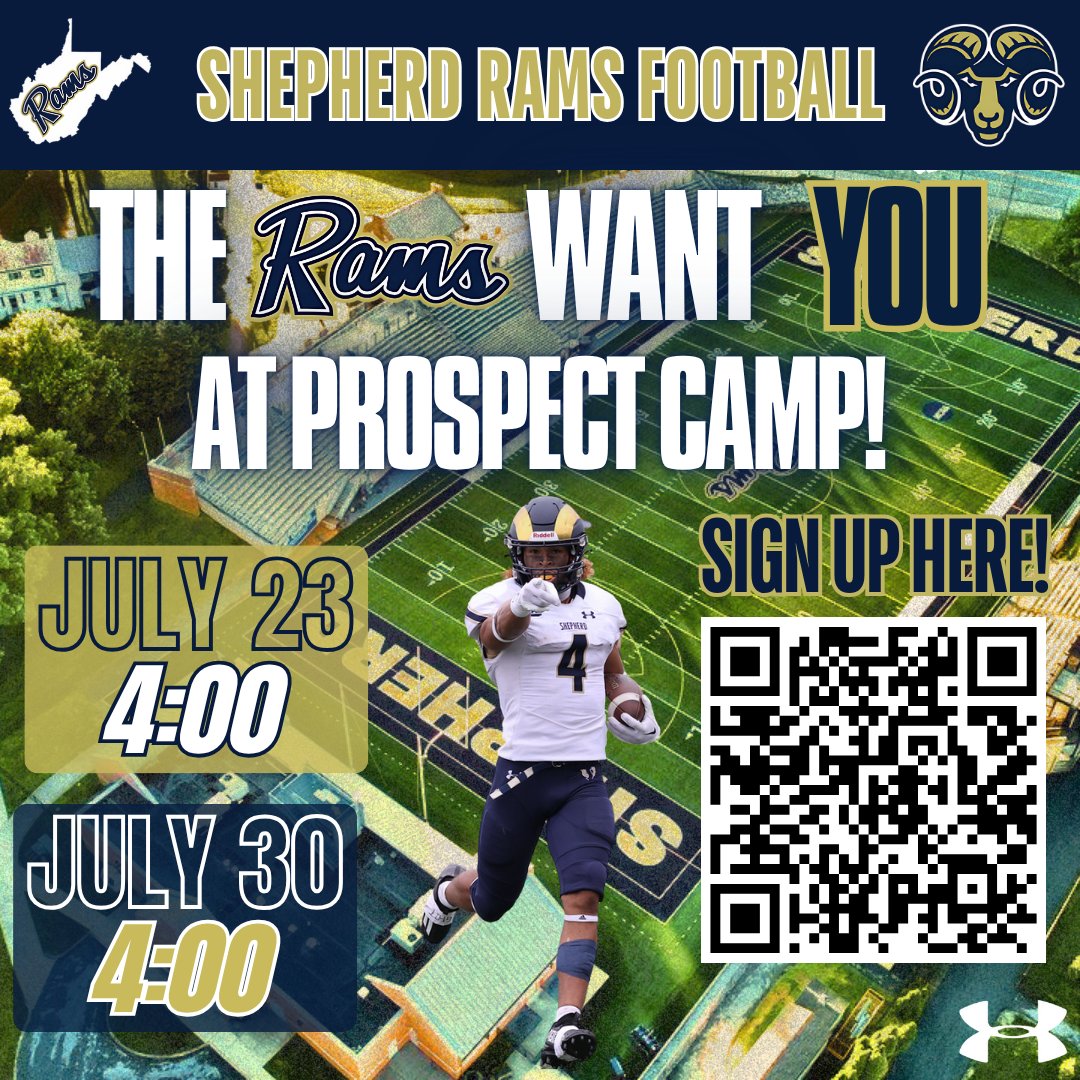 SURamsFootball's tweet image. 🚨We are 2 and a half weeks away from Shepherd Football's Last Chance Prospect Camps🚨
Sign up using the QR Code or Link below.
shepherdfootballcamps.totalcamps.com/About%20Us