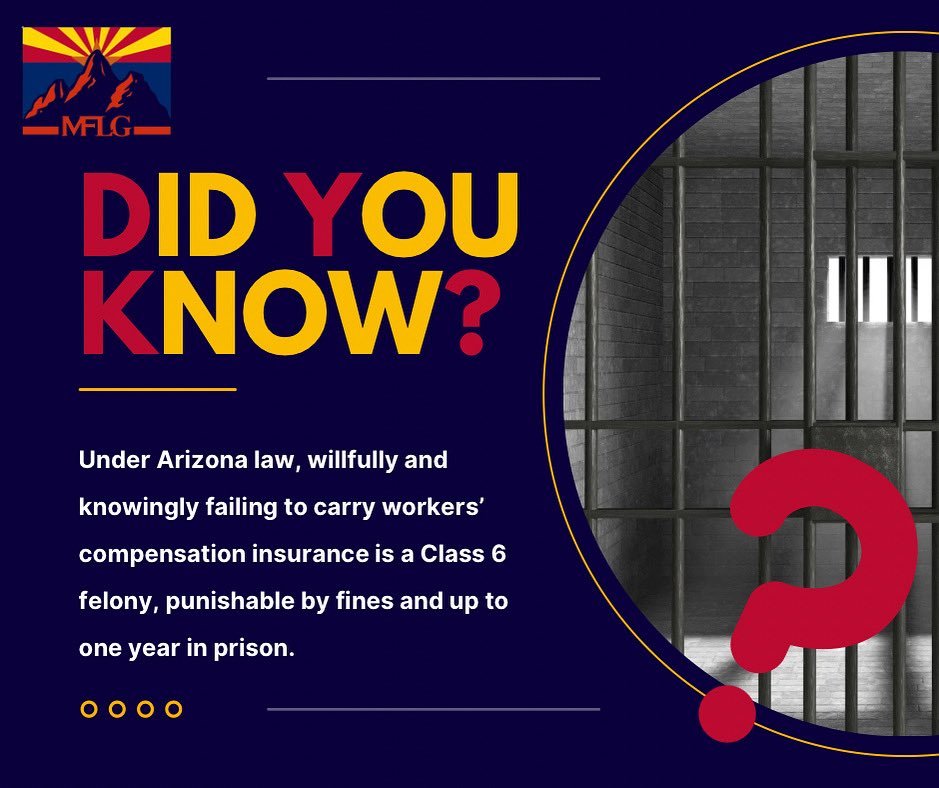 MFendonLawGroup's tweet image. Did You Know? 🛑

In Arizona, knowingly and willfully failing to carry workers’ compensation insurance is a Class 6 felony. This means it’s a criminal offense that can result in hefty fines and up to one year in prison.

#WorkersCompAZ #LegalFacts #MattFendonLawGroup #MFLG
