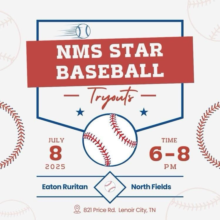 *REMINDER* ⚾️🌟 NMS Baseball Tryouts 🌟⚾️
Join us TOMORROW, July 8 from 6–8 PM at Eaton Ruritan Fields (821 Price Rd., Lenoir City)!
All players must have a physical dated after 4/15/25 &amp; an active FinalForms account. Let’s go, Stars! ❤️⭐️💙 #NMSBaseball #NorthNation #TryoutReady
