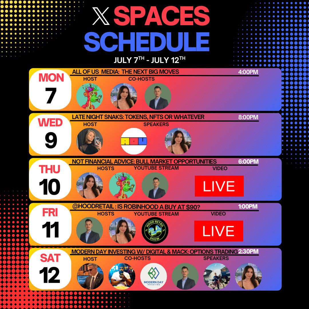 I will see you in a few 𝕏 spaces this week 🎉

Set reminders below 👇