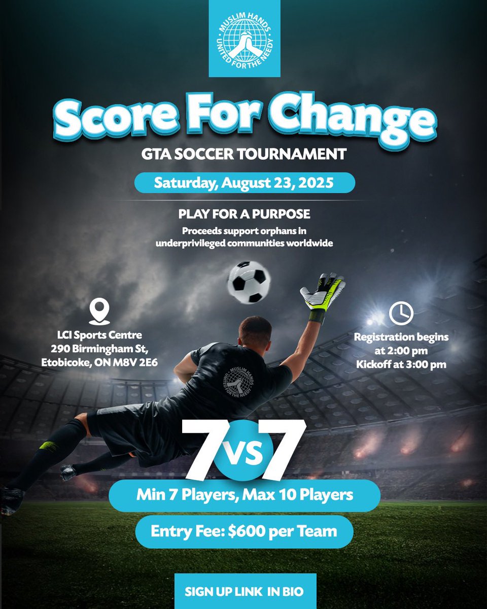 muslimhandsca's tweet photo. Join us on August 23 at LCI Sports Centre for an exciting soccer tournament!

Gather your team and play for a purpose! All proceeds will support orphans in need.

Register now! 🔗 https://t.co/PAfGd8FE3o https://t.co/s0Wi3iJzUH