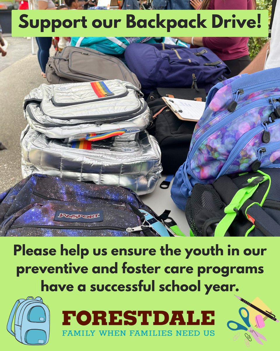 Please donate today to help us provide quality school supplies to over 900 of Forestdale's youth, who may not otherwise have access to necessary materials for the new school year:  bit.ly/FDbackpacks 

#BackToSchool #supportlocal #Forestdaleinc #fostercare