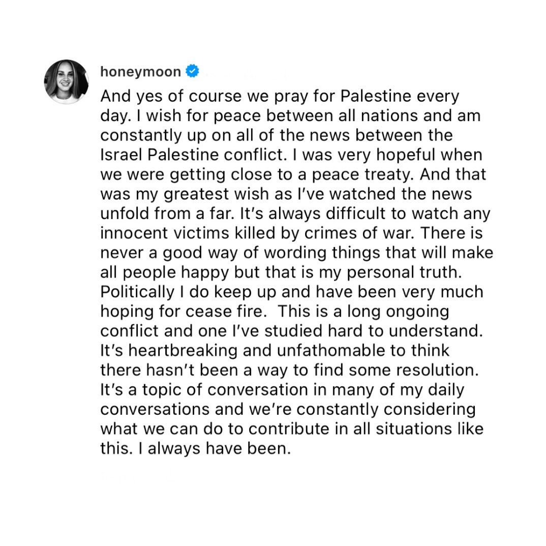 LDRFRoff's tweet image. Lana Del Rey partage son soutien à la Palestine dans un commentaire sur Instagram.