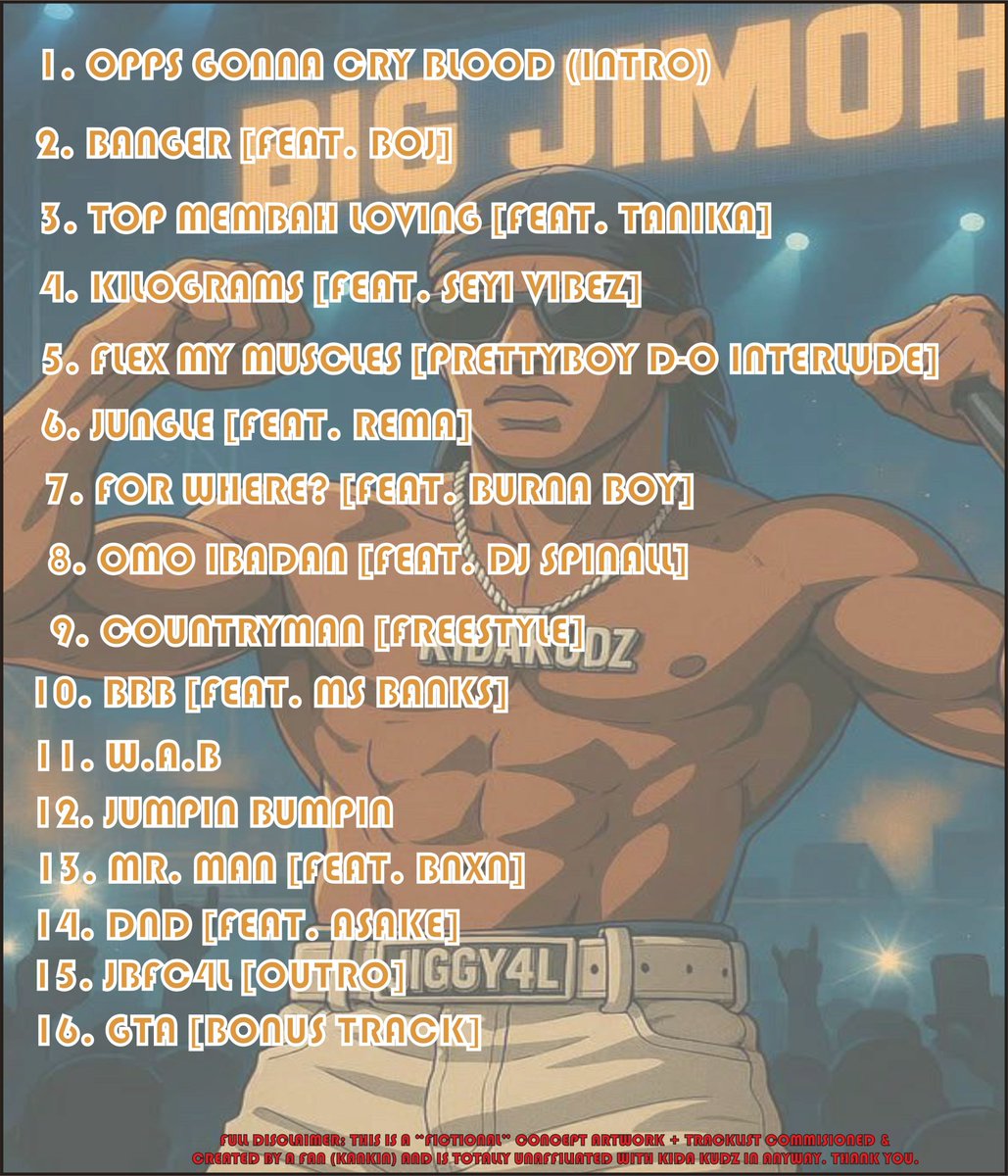 I_KanKin's tweet photo. In anticipation of the #BIGJIMOH Debut Album from Kida Kudz, I created a fan-concept-album with a “fictional” track-list for my vision of what the album should/would sound like.

Kida Please we are patiently waiting on you.

Artwork By – Afro_Freelancer (IG) https://t.co/OFwxjtaPPq