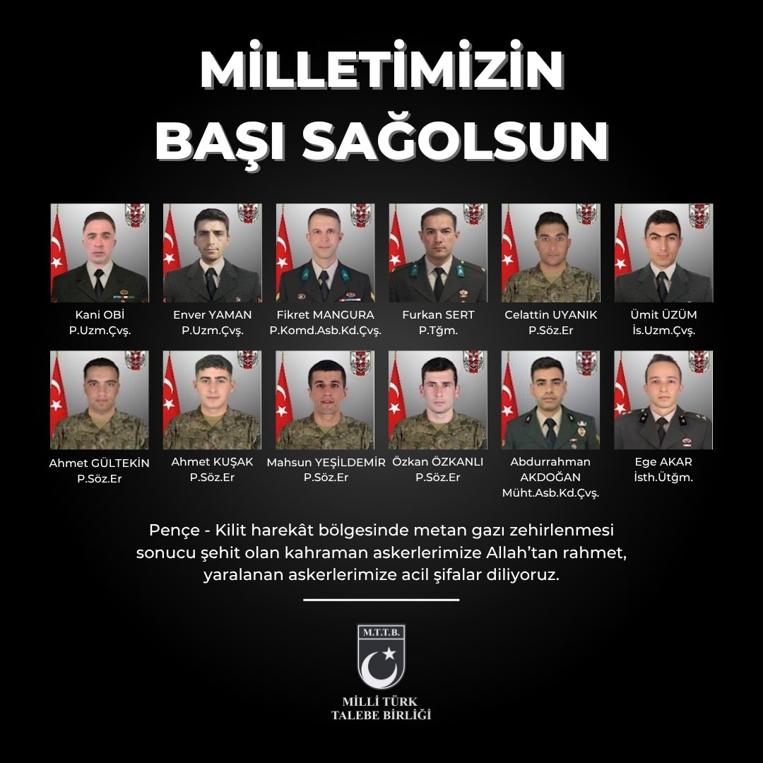 Pençe - Kilit harekât bölgesinde metan gazı zehirlenmesi sonucu şehit olan kahraman askerlerimize Allah’tan rahmet, yaralanan askerlerimize acil şifalar diliyoruz.
