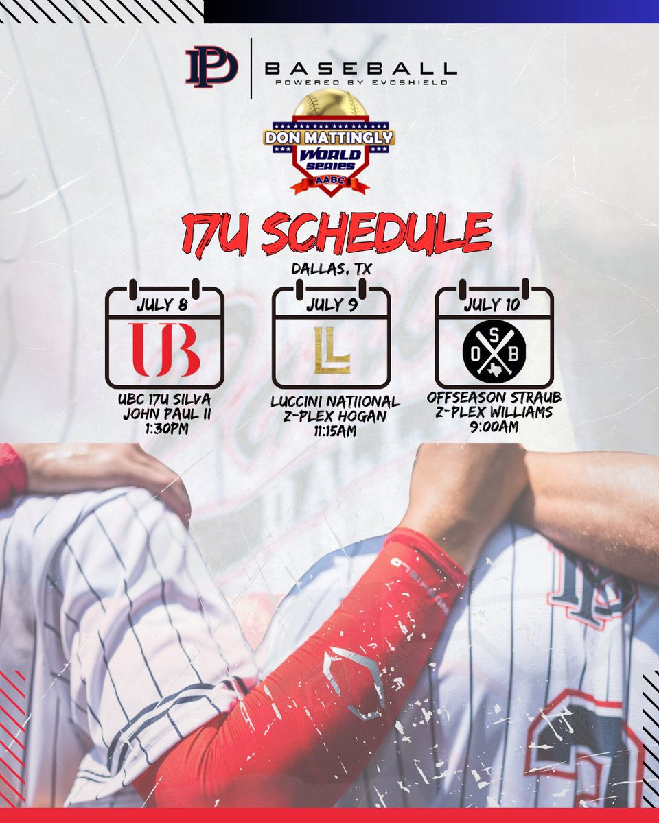 Craig Kirby (@coachckirby2) on Twitter photo <a href="/DallasPatriots/">Dallas Patriots</a> 17U Pitching Rotation this week <a href="/FiveToolTexas/">✭Five Tool Texas✭</a> <a href="/donmattinglyws/">Don Mattingly World Series</a>
Tuesday 1:30p at John Paul ll <a href="/WillBozeman2026/">Will Bozeman</a>
Wednesday 11:15a at Z-Plex Hogan <a href="/Thomas33Suerth/">Thomas Suerth</a>
Thursday 9:00a at Z-Plex Williams <a href="/JohnsonDrew19/">Drew Johnson</a>
#DPats <a href="/DallasPatriots/">Dallas Patriots</a> 17U Pitching Rotation this week <a href="/FiveToolTexas/">✭Five Tool Texas✭</a> <a href="/donmattinglyws/">Don Mattingly World Series</a>
Tuesday 1:30p at John Paul ll <a href="/WillBozeman2026/">Will Bozeman</a>
Wednesday 11:15a at Z-Plex Hogan <a href="/Thomas33Suerth/">Thomas Suerth</a>
Thursday 9:00a at Z-Plex Williams <a href="/JohnsonDrew19/">Drew Johnson</a>
#DPats