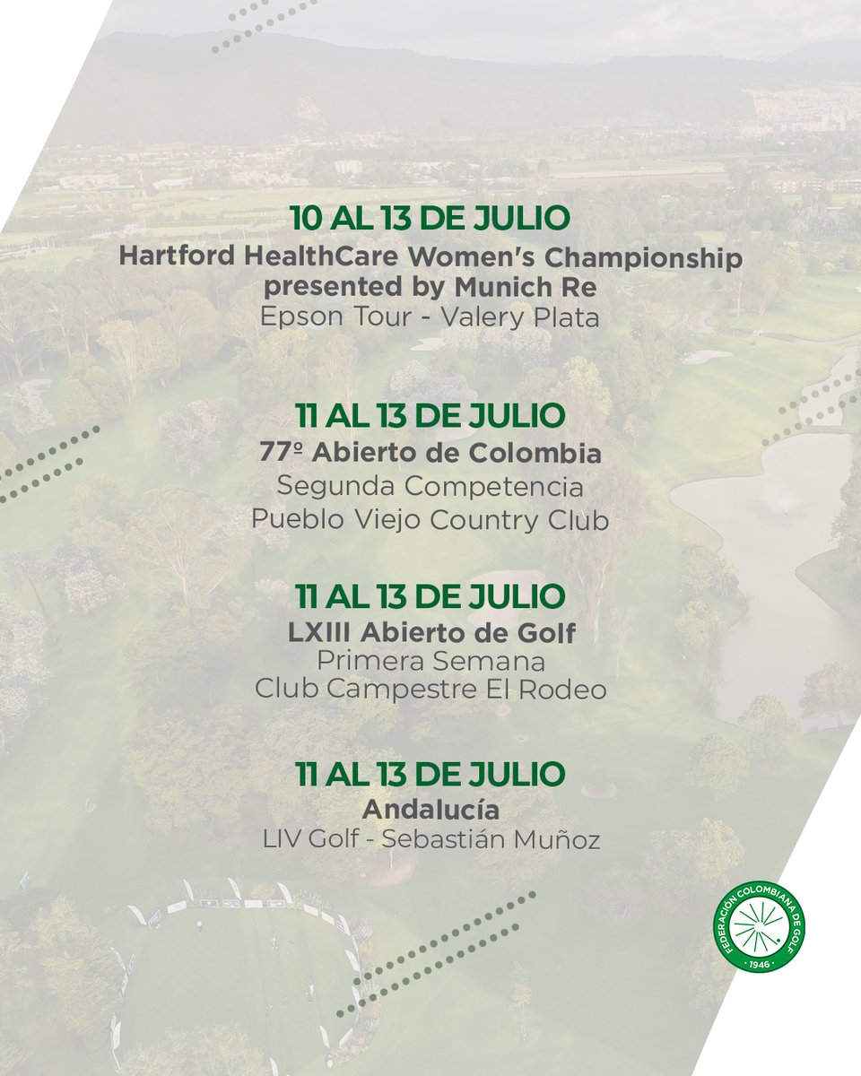 CALENDARIO SEMANAL🗓 - 7 al 13 de julio

Pueblo Viejo Country Club📍 recibe el Abierto de Colombia🇨🇴🏆desde esta semana.

En el exterior tendremos amplia representación, desde los circuitos profesionales estadounidenses ⛳️🇺🇸 hasta el Mundial Junior en San Diego 🏆.

#MÁSGOLF ⛳️🇨🇴