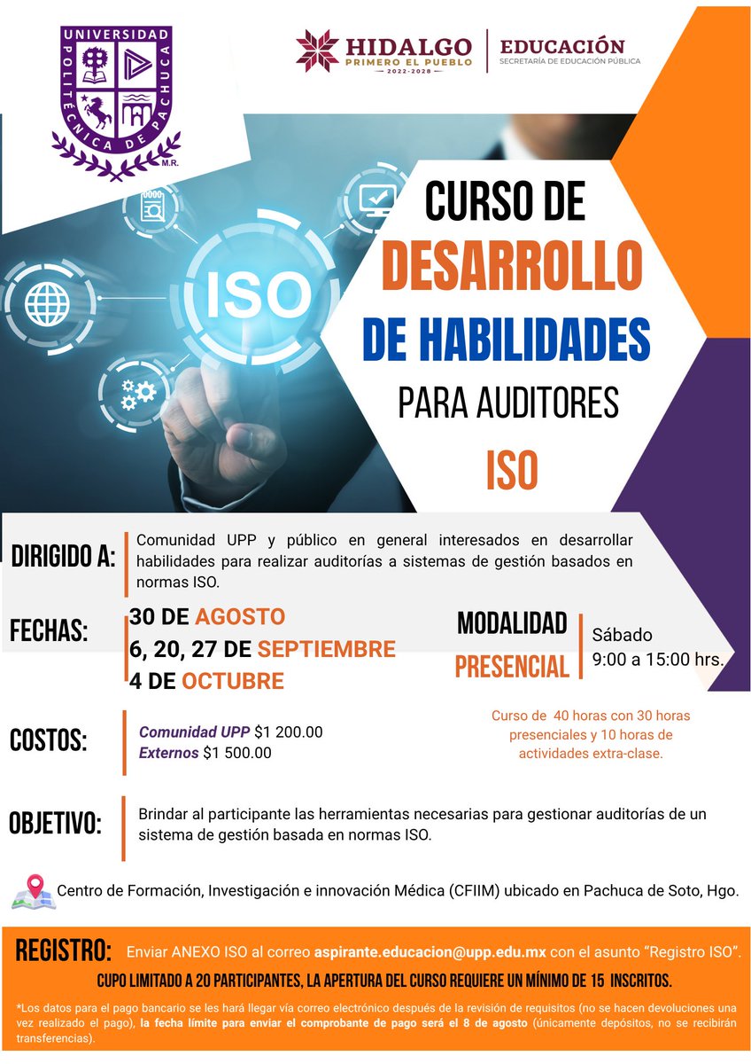 Continúan abiertas las inscripciones para el 𝗖𝘂𝗿𝘀𝗼 𝗱𝗲 𝗗𝗲𝘀𝗮𝗿𝗿𝗼𝗹𝗹𝗼 𝗱𝗲 𝗛𝗮𝗯𝗶𝗹𝗶𝗱𝗮𝗱𝗲𝘀 𝗽𝗮𝗿𝗮 𝗔𝘂𝗱𝗶𝘁𝗼𝗿𝗲𝘀 𝗜𝗦𝗢.

𝑴𝒐𝒅𝒂𝒍𝒊𝒅𝒂𝒅 𝒑𝒓𝒆𝒔𝒆𝒏𝒄𝒊𝒂𝒍.

Más informes en: upp.edu.mx/adistancia/Cur…

#OrgulloUPP
