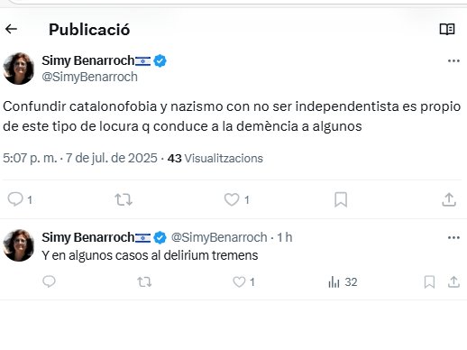 ((( David Romà ))) (@davidgr1714) on Twitter photo El q no s'entén i després de tants anys segueixo sense entendre sra <a href="/SimyBenarroch/">Simy Benarroch🇮🇱</a> es com gent q porta 40 anys a CAT o fins i tot hi ha nascut, no sent la mes mínima empatia pel país on viu, per la seva llengua, cultura, tradicions i llibertat, nomes odi pel país q us ho ha donat El q no s'entén i després de tants anys segueixo sense entendre sra <a href="/SimyBenarroch/">Simy Benarroch🇮🇱</a> es com gent q porta 40 anys a CAT o fins i tot hi ha nascut, no sent la mes mínima empatia pel país on viu, per la seva llengua, cultura, tradicions i llibertat, nomes odi pel país q us ho ha donat
