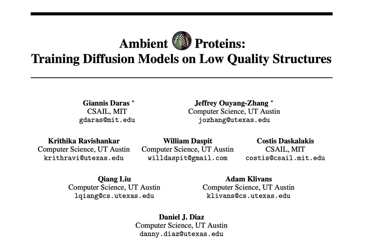 Giannis Daras (@giannis_daras) on Twitter photo Joint work with the amazing Jeffrey Zhang (<a href="/zhang_ouyang/">Jeffrey Ouyang-Zhang</a>) (equal contribution) and w. wonderful people: D. Diaz (<a href="/aiproteins/">Danny Diaz</a>), K. Ravishankar, W. Daspit, A. Klivans, C. Daskalakis (<a href="/KonstDaskalakis/">Constantinos Daskalakis</a>), Q. Liu.
It's also my first paper in the proteins space, so show it some love! Joint work with the amazing Jeffrey Zhang (<a href="/zhang_ouyang/">Jeffrey Ouyang-Zhang</a>) (equal contribution) and w. wonderful people: D. Diaz (<a href="/aiproteins/">Danny Diaz</a>), K. Ravishankar, W. Daspit, A. Klivans, C. Daskalakis (<a href="/KonstDaskalakis/">Constantinos Daskalakis</a>), Q. Liu.
It's also my first paper in the proteins space, so show it some love!