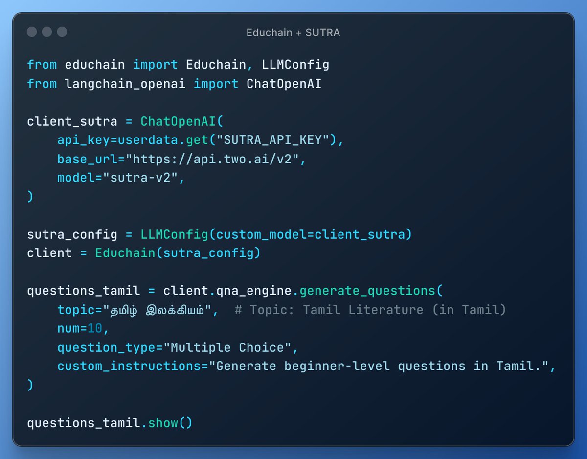 SUTRA (@sutra_dev) on Twitter photo Educhain + SUTRA
Effortlessly generate multilingual educational content β from quizzes to assessments β in your own language.
π Power your edtech workflows with SUTRA + <a href="/EduchainWithAI/">Educhain AI</a>
β Star the repo β git.new/sutra-cookbook
#SutraLLM #EduTech #AIforIndia Educhain + SUTRA
Effortlessly generate multilingual educational content β from quizzes to assessments β in your own language.
π Power your edtech workflows with SUTRA + <a href="/EduchainWithAI/">Educhain AI</a>
β Star the repo β git.new/sutra-cookbook
#SutraLLM #EduTech #AIforIndia