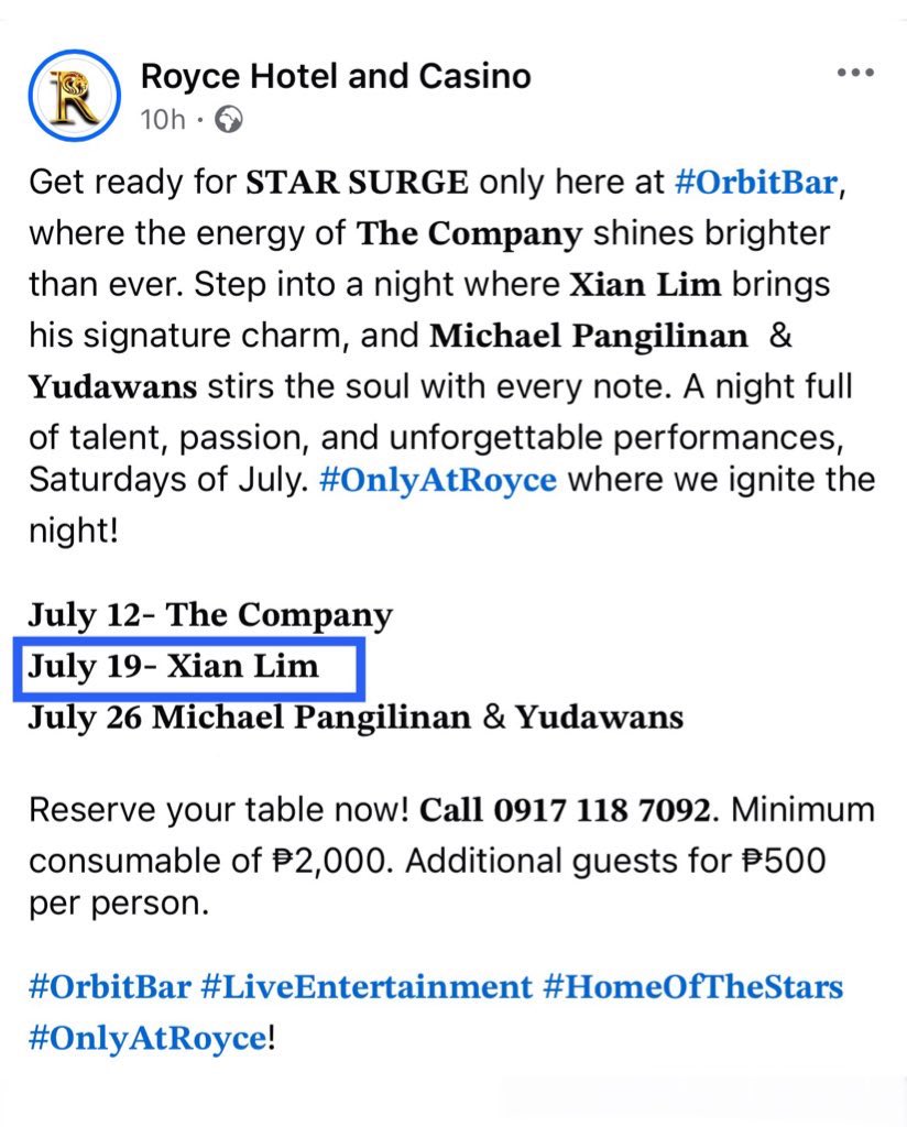 xianlimfanpage_'s tweet photo. New Xian Lim’s performance gig alert on July 19th 🔔 from @mamumhit 
Get ready for STAR SURGE at #OrbitBar,  on July 19, @XianLimm serenading the crowd with his signature charm. 
#XianLim #XianLimm #XianLimperformance
#LiveEntertainment
#HomeOfTheStars #OnlyAtRoyce https://t.co/eY3gD0DM1s