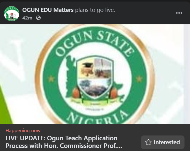 OGSERA's tweet image. facebook.com/share/1CKCnG79…

LIVE UPDATE: Ogun Teach Application Process 

Join the Honourable Commissioner for Education, Science and Technology, Prof. Abayomi Arigbabu, LIVE today at 5:30 PM WAT 

Live on our official Facebook: Ogun Edu Matters 

#Ogunstate #diper #ogsera