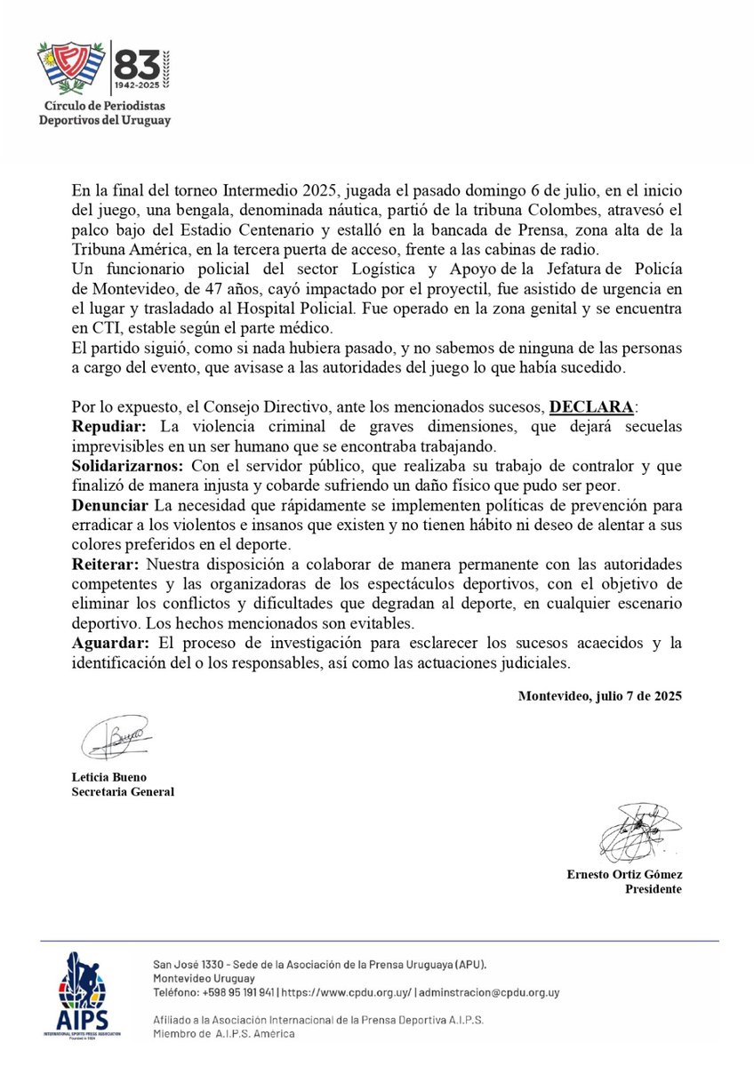 Comunicado del <a href="/CPDUoficial/">Círculo de Periodistas Deportivos del Uruguay</a>: