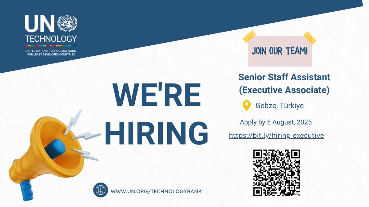 🌍 The UN Technology Bank team is growing!

We’re looking for a dynamic and detail-oriented Senior Staff Assistant (Executive Associate) to support our Managing Director and ensure the smooth operation of the Executive Office at our headquarters in Gebze, Türkiye.

If you thrive