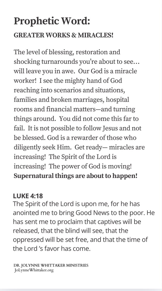#PROPHETIC WORD:  We have entered the time of greater dispensation of God’s Spirit and power—and this will only increase.🔥

As a result, we will see more signs, wonders, and miracles then some of us have ever seen.  Book of Acts ministry!  Book of Acts churches!  Book of Acts in