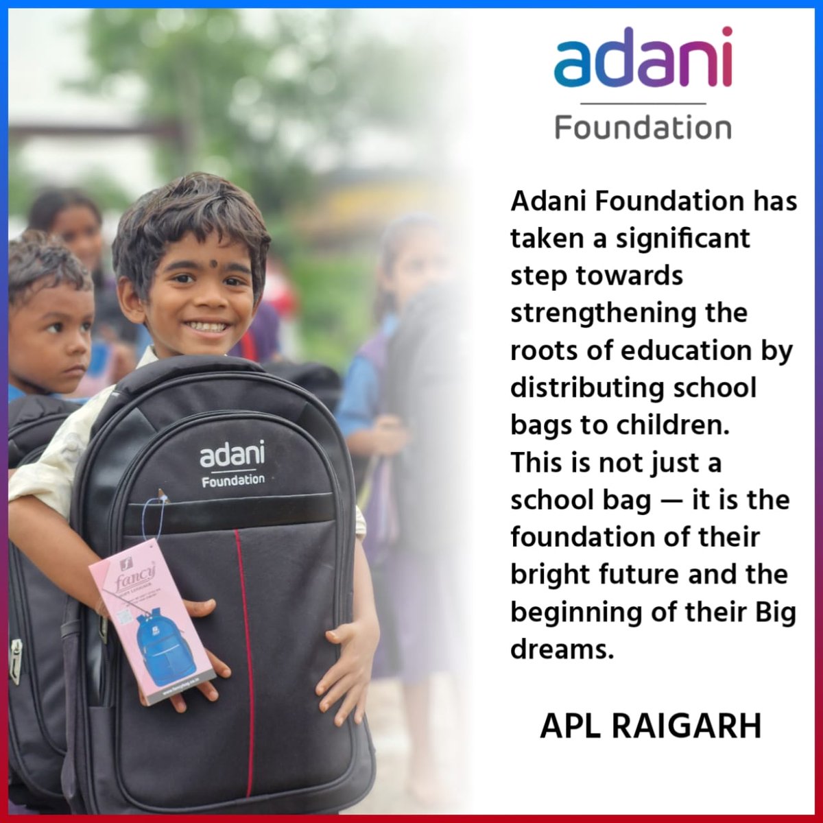 Nidhisen84's tweet photo. #AdaniFoundation
Their happiness was written on their faces β pure joy as they received school bags from Adani Foundation. No words needed, just smiles says. ππ
#APLRaigarh #UtthanProject #AdaniGroup https://t.co/LcjsJYMPr8
