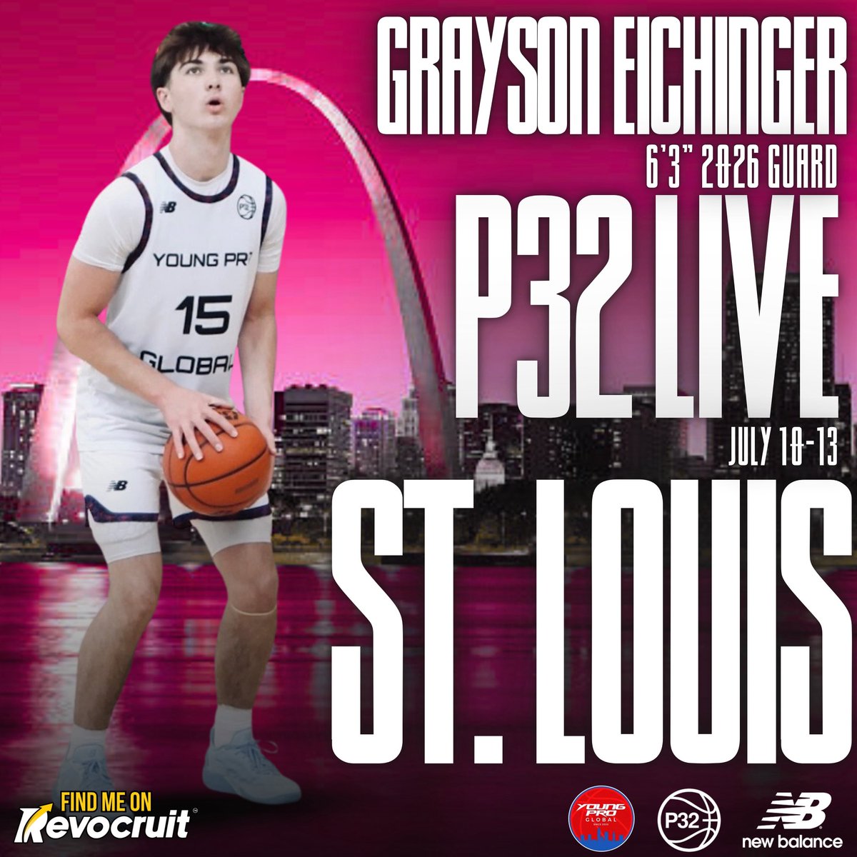 Grayson Eichinger, a 6’3” guard from Colleyville Heritage High School, will be running with Young Pro Global at P32 League in St. Louis, July 10–13.
