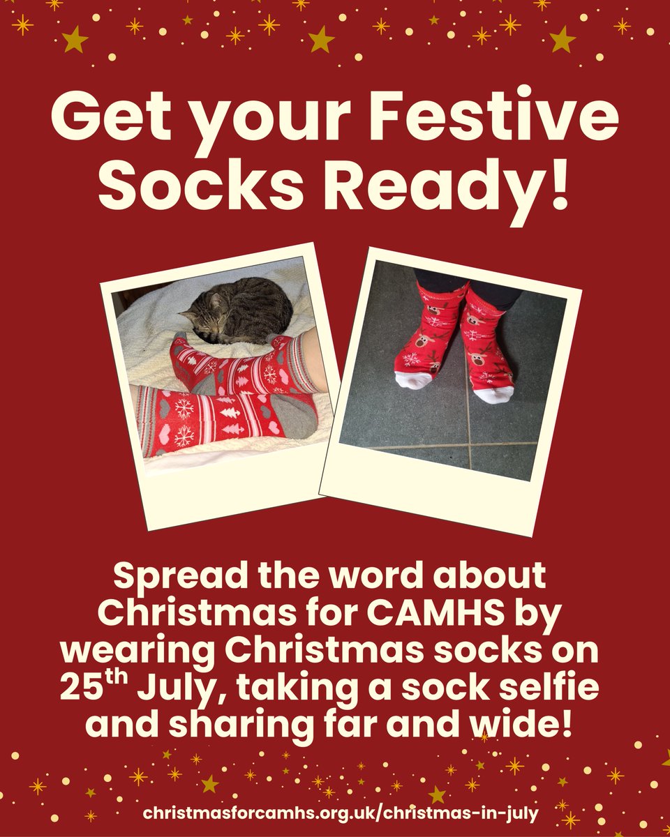Xmas4CAMHS's tweet image. Yes, that's right - we're getting our festive socks out again! Join us to spread the word about the magic that we bring to mental health wards every festive season by popping on a pair of Christmas socks on the 25th July and sharing a sock selfie 🧦
justgiving.com/campaign/chris…