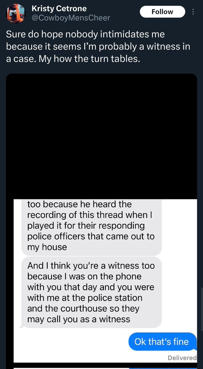 johnbaron1921's tweet image. No Kristy @CowboyMensCheer, you're not a "witness" because some schizo from Mansfield says you are.
I would love it though. The cross examination on your credibility and truthfulness would be comedy gold. 😂