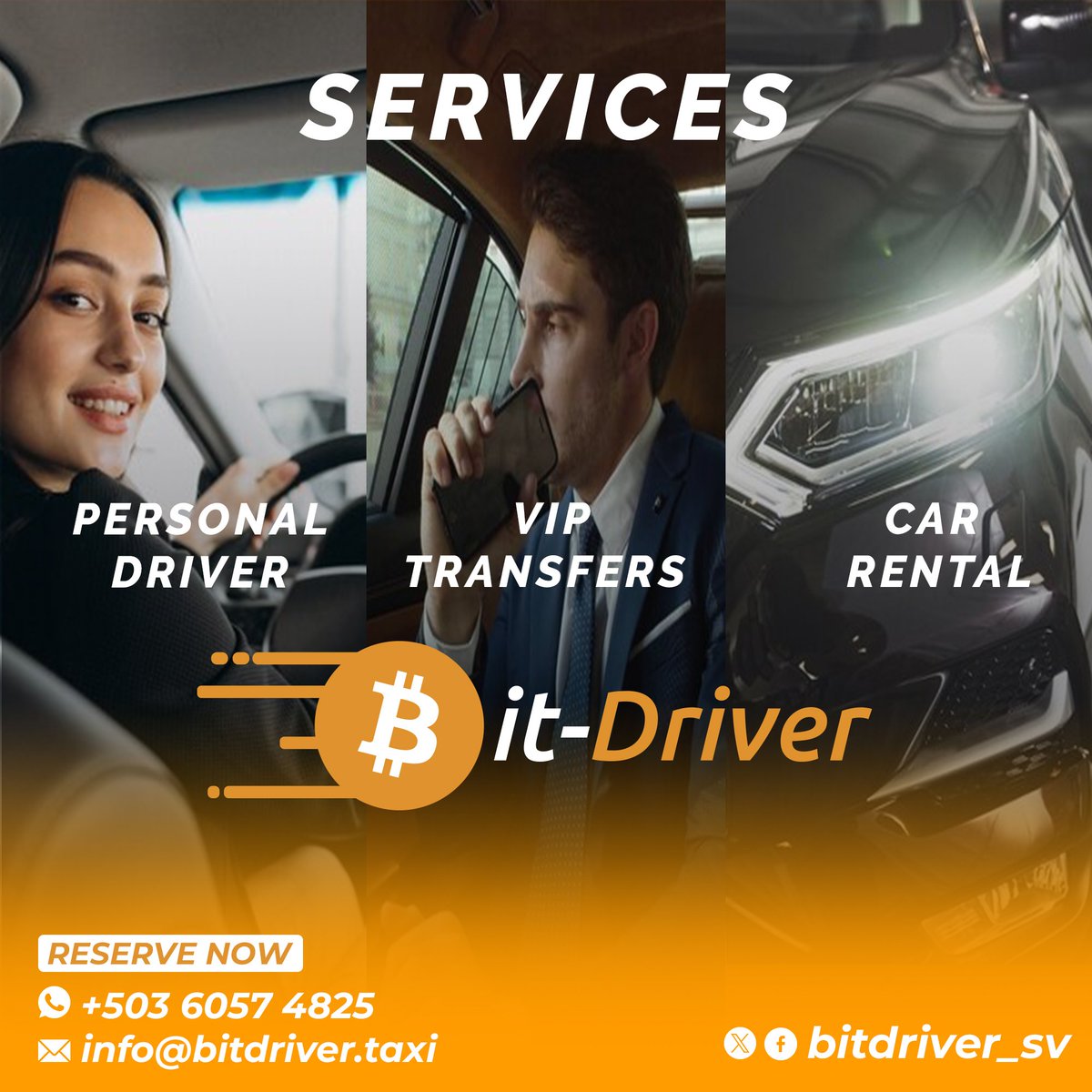 bitdriver_sv's tweet image. Stay safe. Stay flexible. Stay moving 🚗
Bit-Driver gives you:
- Professional drivers
- Clean, modern cars
- #Bitcoin preferred
📲 +503 6057 4825 /📩 info@bitdriver.taxi
