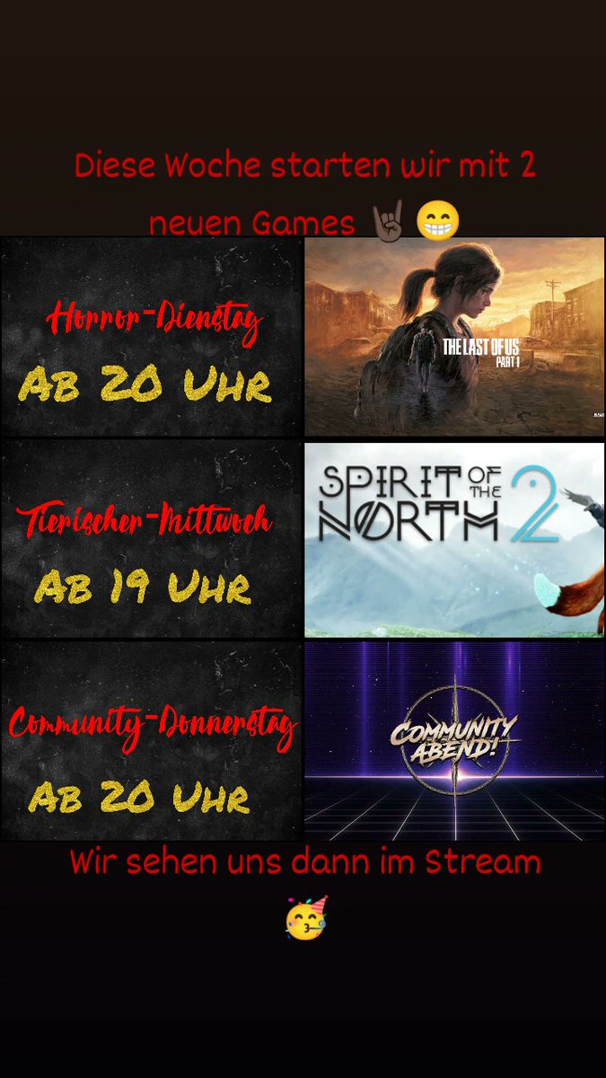 DerPfeffie's tweet photo. Streamplan 🥳
#thelastofus #spiritofthenorth2 #communityabend #der_pfeffie #stream #streamer #streaming #twitch #twitchlive #twitchtv #twitchtvgaming #twitchtvstreamer #twitchde #twitchkleinestreamer #twitchgamer #twitchgaming #twitchstreamer #twitchstreaming #twitchaffiliate https://t.co/U3VTeb48gm