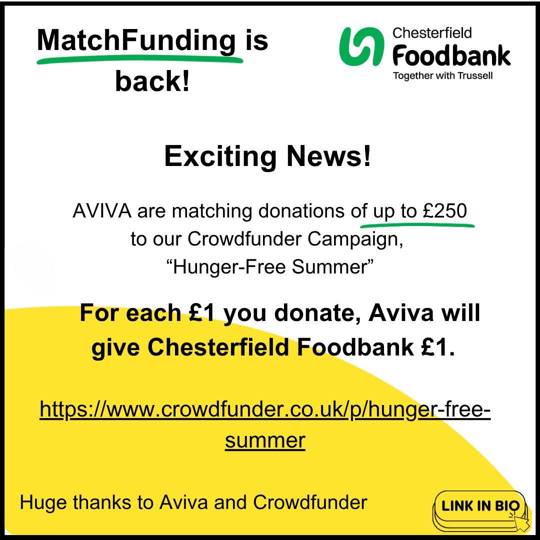 Exciting news! Match funding is back!  crowdfunder.co.uk/p/hunger-free-… See the story behind our appeal in the Derbyshire Times too! Huge thanks to #crowdfunderuk <a href="/avivaplc/">Aviva plc</a> <a href="/AvivaUK/">Aviva UK</a> <a href="/crowdfunderuk/">Crowdfunder UK</a>