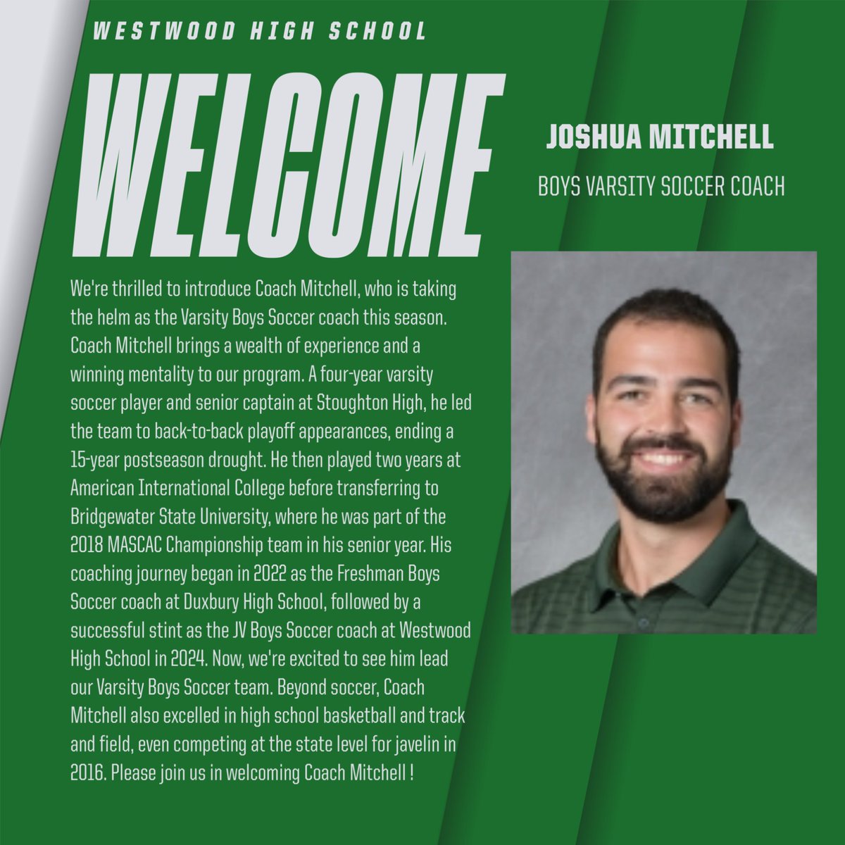 Join us in welcoming Josh Mitchell as our new Boys Varsity Soccer Coach. 

Welcome Josh !