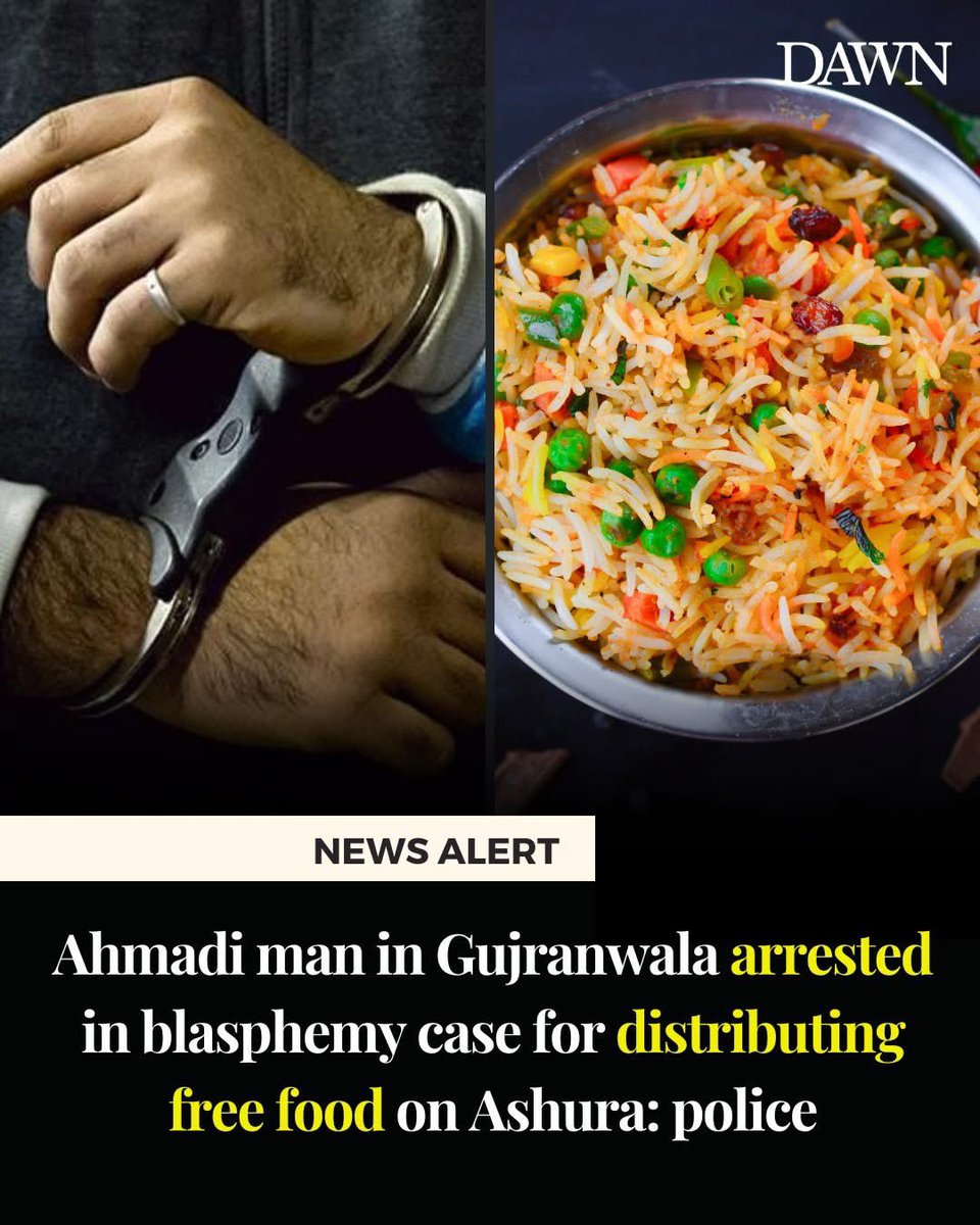 KashifMD's tweet photo. An Ahmadi thought it would be a good idea to distribute free biryani on Ashura.

He was arrested for blasphemy — for daring to participate in “Muslim customs.”

Welcome to Pakistan! #Blasphemistan #Ashura2025 https://t.co/qfMm4lhspX