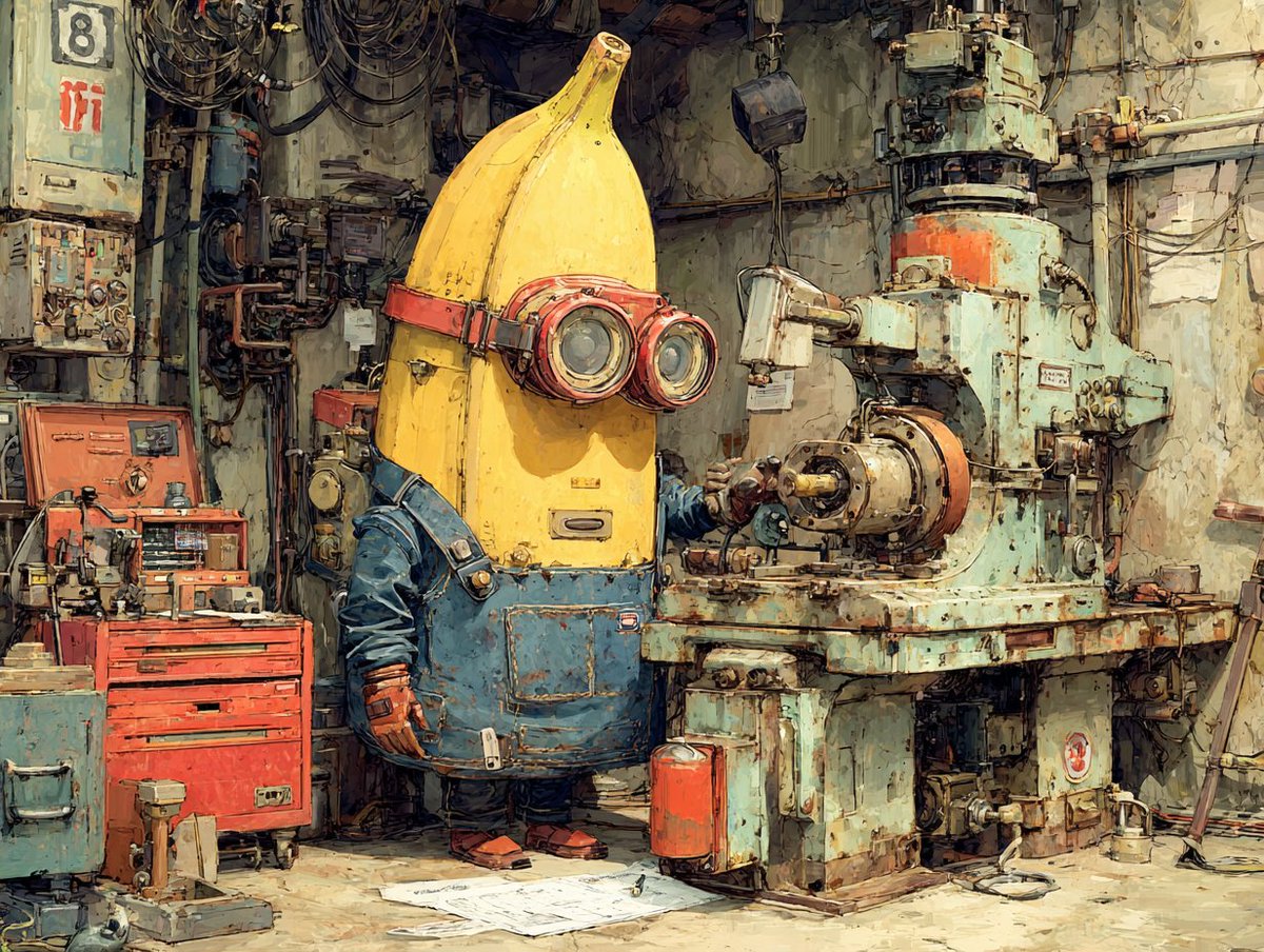TechModula's tweet image. banana-shaped robot wearing work goggles #Aiart️ #AI町工場 #Midjourney