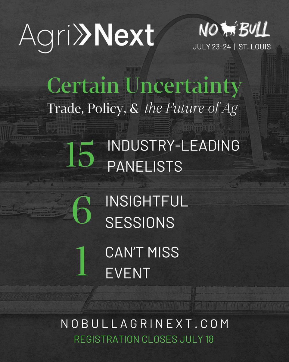 NoBullAgriNext's tweet photo. Time is running out to register for AgriNext, July 23-24 in St. Louis

Join the biggest names in ag &amp; biofuels at this CAN'T MISS event!

Registration includes @ZanerAgHedge Riverboat Cruise, conference, &amp; @CGBEnterprises All-Inclusive Baseball Experience

https://t.co/dHmiNd5DPs https://t.co/WV1S6bdOWe