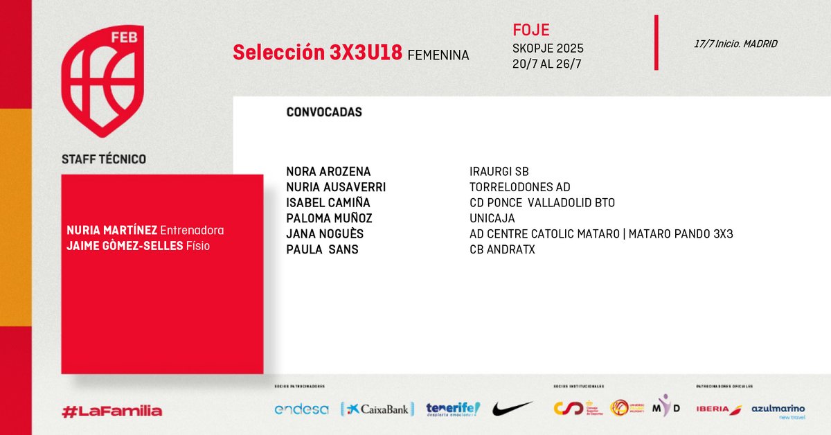 #U18F3x3 📋 Convocatoria U18 femenina de 3x3 para el FOJE #EYOF2025. 🏀🇪🇸

📆 20-26 de julio
📍 Skopje (Macedonia)