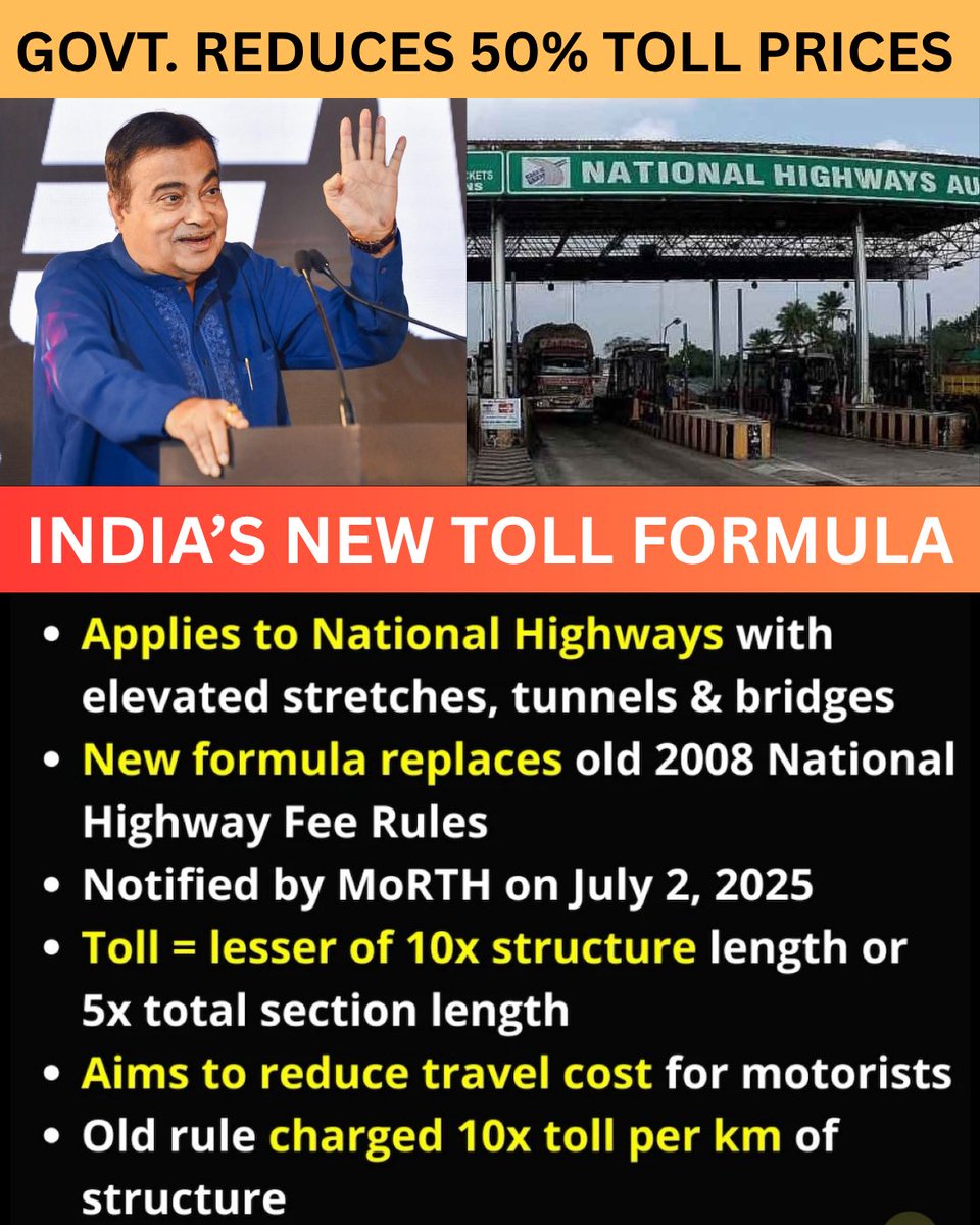 🚨 BIG UPDATE on India’s Toll Rules! 🚧🇮🇳
New formula = Less toll on bridges, tunnels &amp; flyovers! 👏

Here’s what you need to know 👇