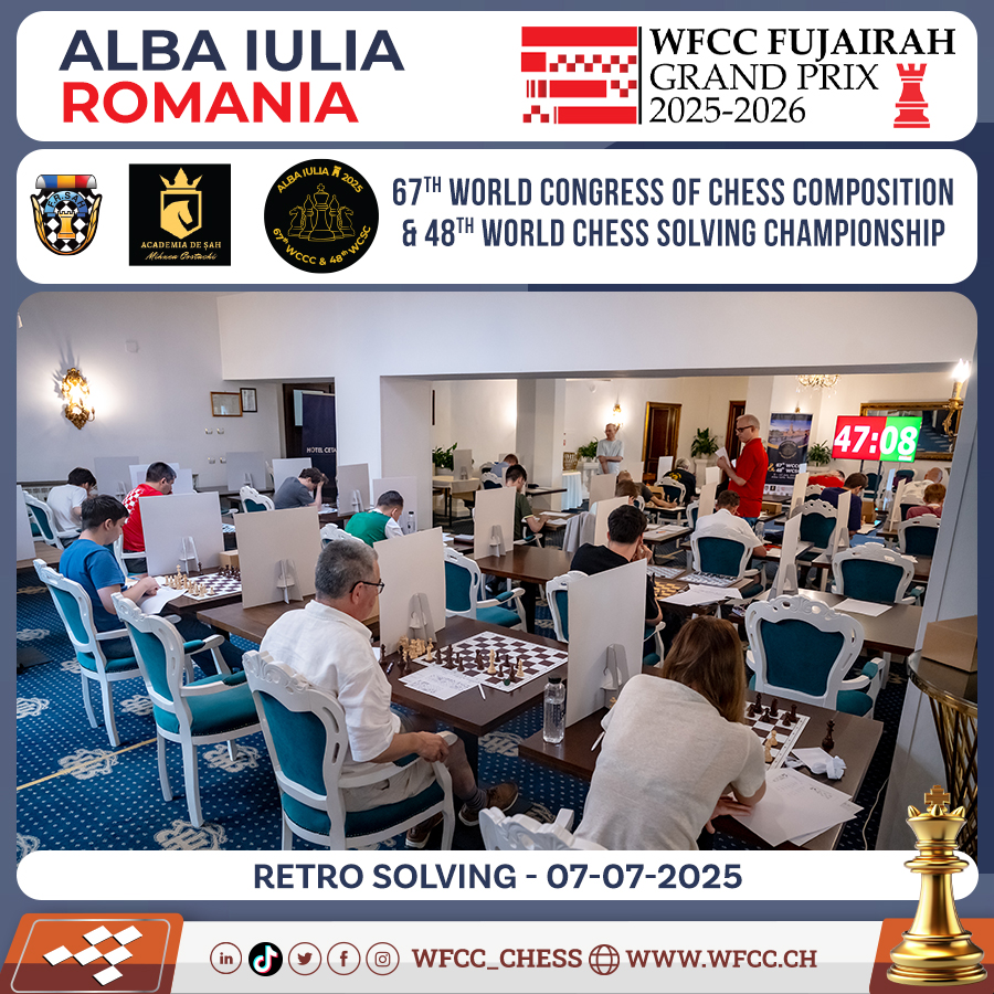 Wfcc_Chess's tweet photo. The 67th world congress of chess composition & 48th world chess solving championship
Alba Iulia, Romania
Retro Solving - 07-07-2025
#chess #wfcc #chessproblem #solving #composition #checkmate #threemover https://t.co/VD6MEVcXxD