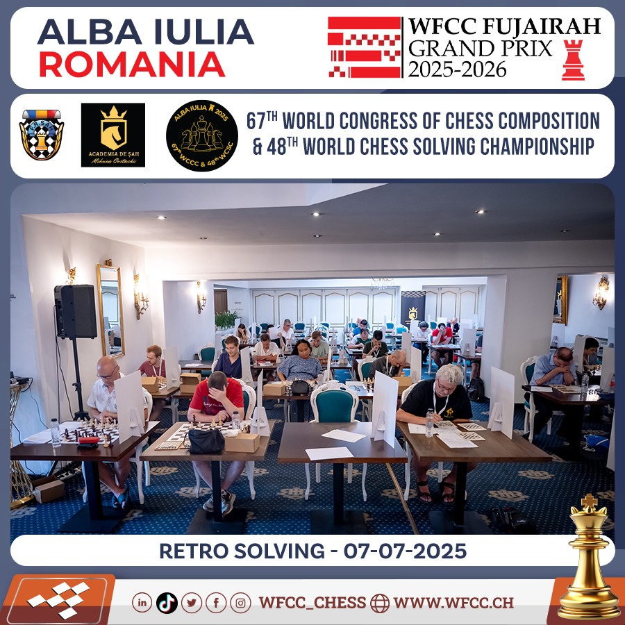 Wfcc_Chess's tweet photo. The 67th world congress of chess composition & 48th world chess solving championship
Alba Iulia, Romania
Retro Solving - 07-07-2025
#chess #wfcc #chessproblem #solving #composition #checkmate #threemover https://t.co/VD6MEVcXxD