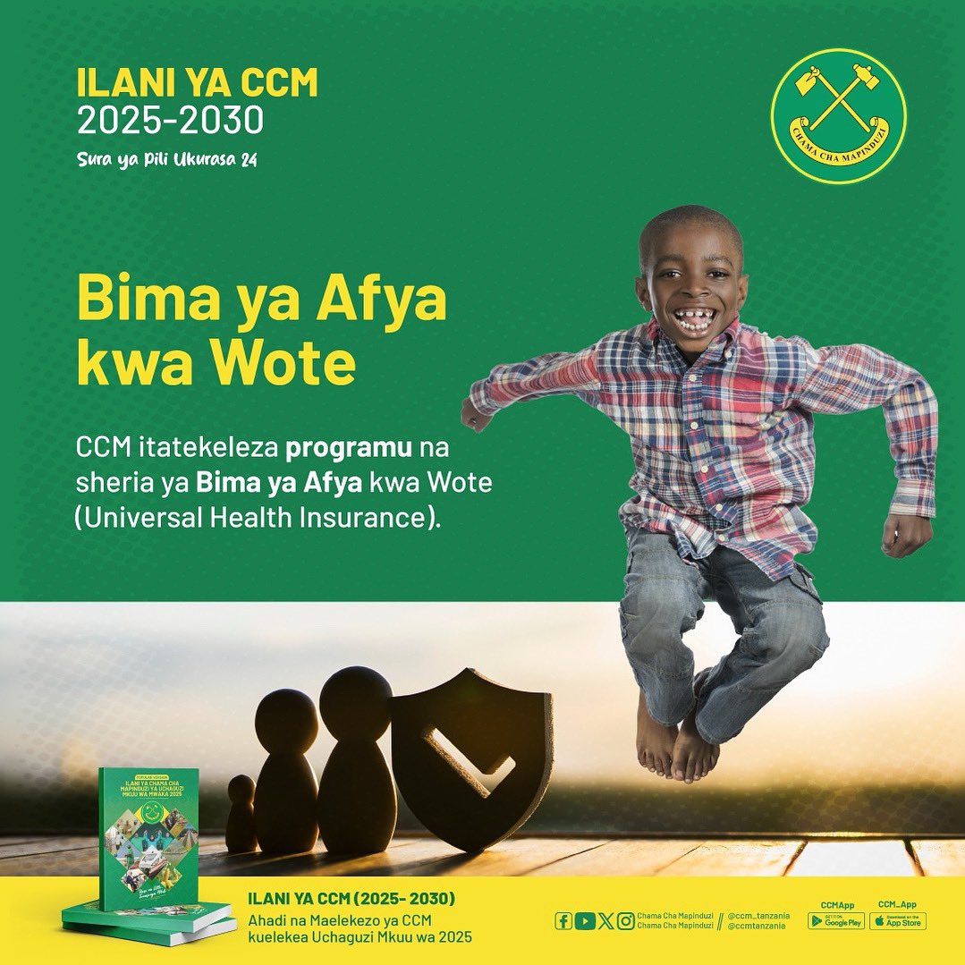 🔰IJUE ILANI 

Kwenye Ilani ya uchaguzi ya CCM ya mwaka 2025-2030 Sura ya pili ukurasa wa 24 imeelekeza kutekeleza mpango wa  Bima ya Afya kwa Wote.

CCM itatekeleza programu na sheria ya Bima ya Afya kwa Wote (Universal Health Insurance)